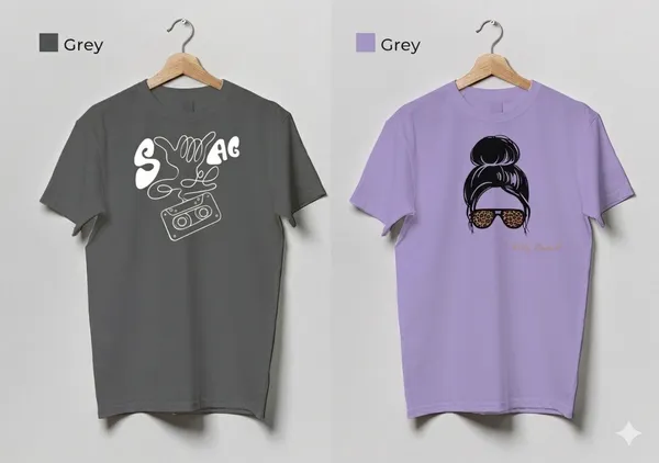 Graphic_T-Shirt_With_Messy_Bun_And_Sunglasses_Design_(Lavender_/_Grey)_And_Swag_Music_Print_Grey_Cotton_T-Shirt_Pack_Of_2