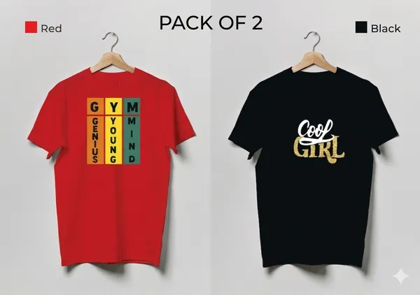 Cool_Girl_Graphic_T-Shirt_-_Black_And_Gym_Genius_Young_Mind_Motivational_Red_T-Shirt_Pack_Of_2