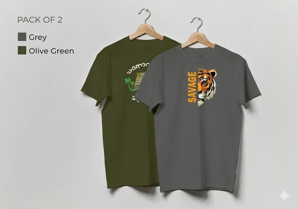 Grey_Savage_Tiger_Graphic_Print_T-Shirt_And_Olive_Green_Kerala_Temple_Heritage_T-Shirt_Pack_Of_2
