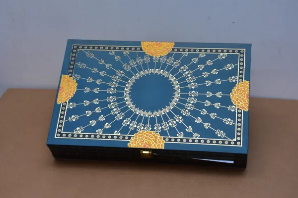 Blue_And_Gold_Rectangular_Storage_Box_With_Traditional_Artwork