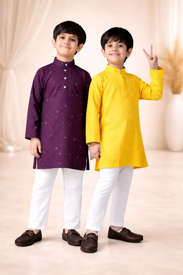 Yellow_Cotton_Chikankari_Embroidered_Kurta_Pajama_Set_For_Boys_And_Purple_Cotton_Embroidered_Kurta_Pajama_Ethnic_Set_For_Boys_Combo_Pack_Of_2