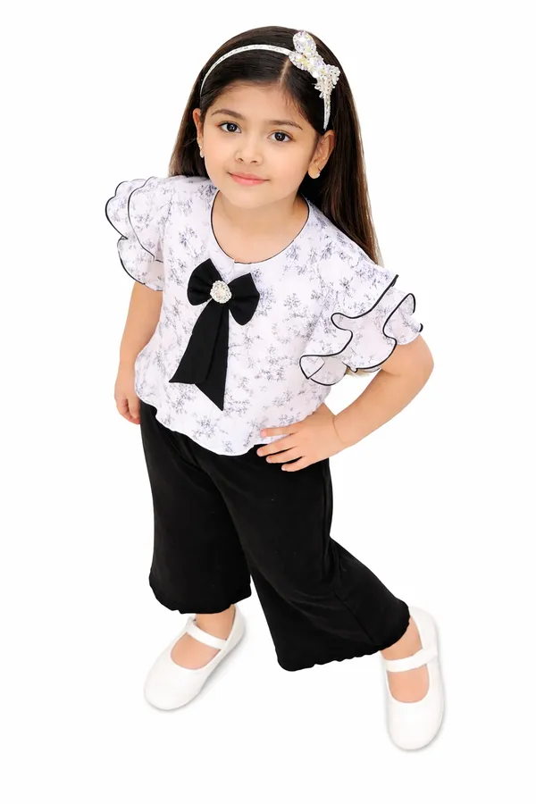 White_Black_Cotton_Floral_Print_Ruffle_Top_Palazzo_Set_For_Girls