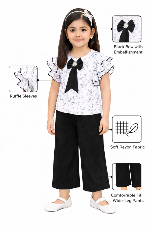 White_Black_Cotton_Floral_Print_Ruffle_Top_Palazzo_Set_For_Girls