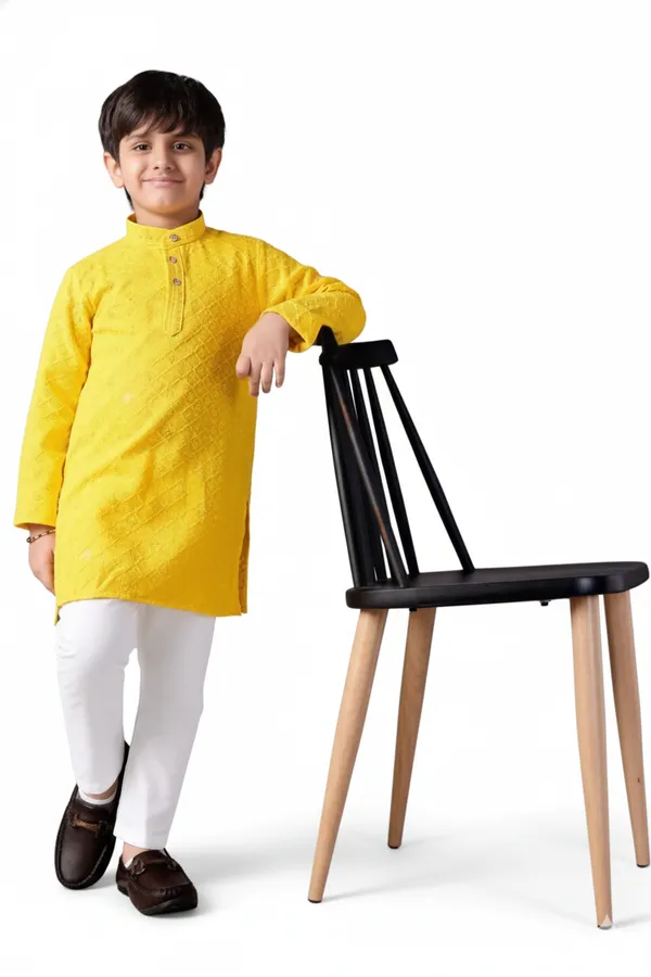 Yellow_Cotton_Chikankari_Embroidered_Kurta_Pajama_Set_For_Boys_And_Purple_Cotton_Embroidered_Kurta_Pajama_Ethnic_Set_For_Boys_Combo_Pack_Of_2
