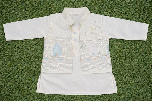 Cream_Cotton_Embroidered_Kurta_Pajama_Jacket_Ethnic_Set_For_Boys_And_Multi_Color_Cotton_Kurta_Pajama_Nehru_Jacket_Ethnic_Set_For_Boys_Combo_Pack_Of_2