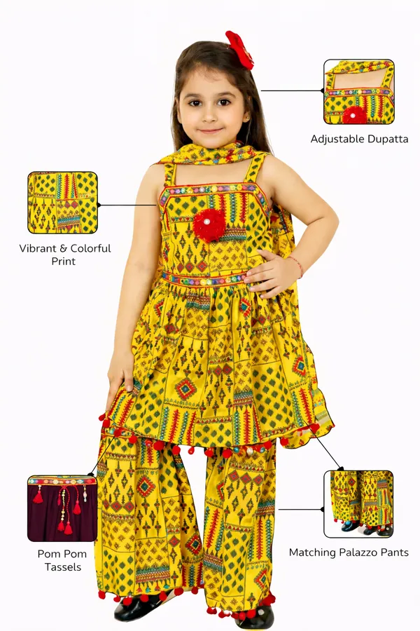 White_Black_Cotton_Floral_Print_Ruffle_Top_Palazzo_Set_For_Girls_And_Yellow_Cotton_Printed_Ethnic_Dress_Palazzo_Set_For_Girls_Combo_Pack_Of_2