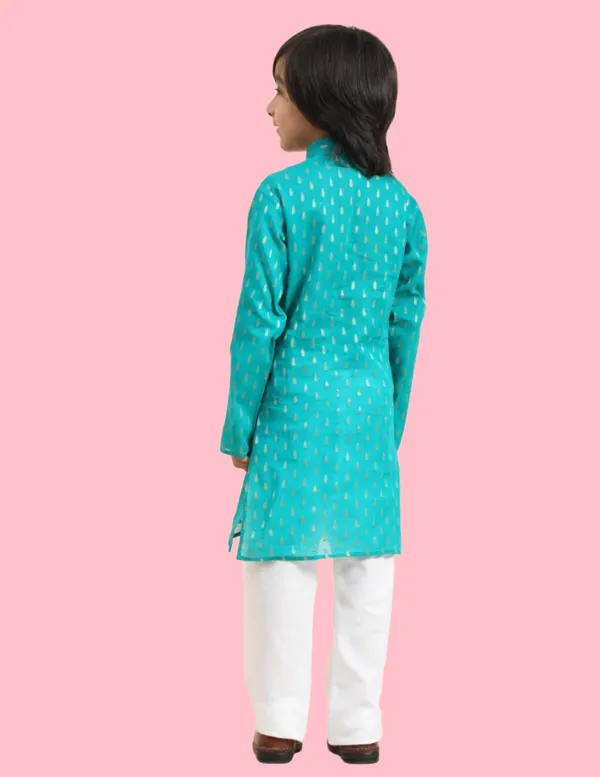 Turquoise_Blue_White_Cotton_Ikat_Print_Kurta_Pajama_Set_For_Boys_And_Camouflage_Cotton_Army_Commando_Costume_Set_With_Cap_Toy_Gun_Whistle_For_Boys_Combo_Pack_Of_2