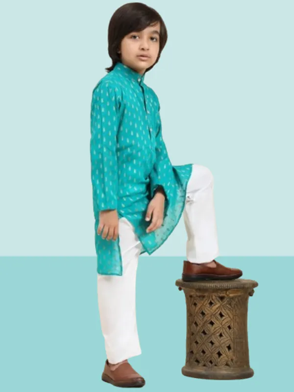Turquoise_Blue_White_Cotton_Ikat_Print_Kurta_Pajama_Set_For_Boys_And_Camouflage_Cotton_Army_Commando_Costume_Set_With_Cap_Toy_Gun_Whistle_For_Boys_Combo_Pack_Of_2