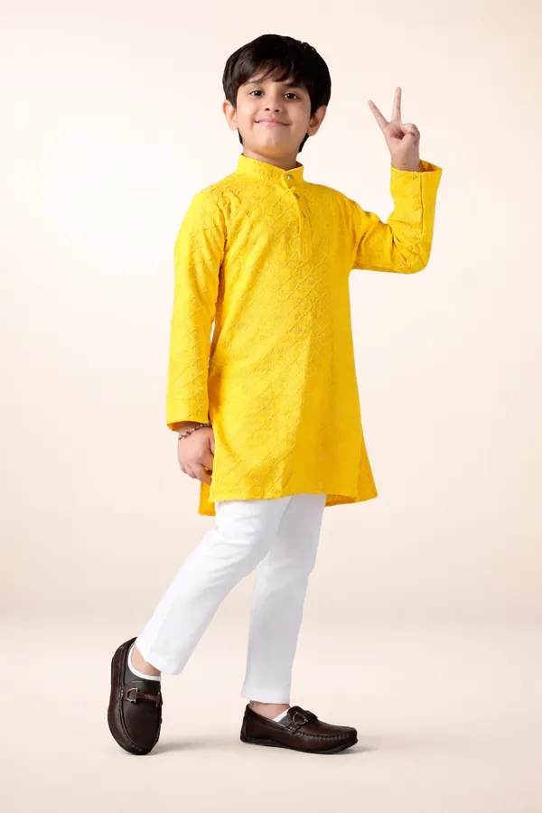 Yellow_Cotton_Chikankari_Embroidered_Kurta_Pajama_Set_For_Boys_And_Purple_Cotton_Embroidered_Kurta_Pajama_Ethnic_Set_For_Boys_Combo_Pack_Of_2
