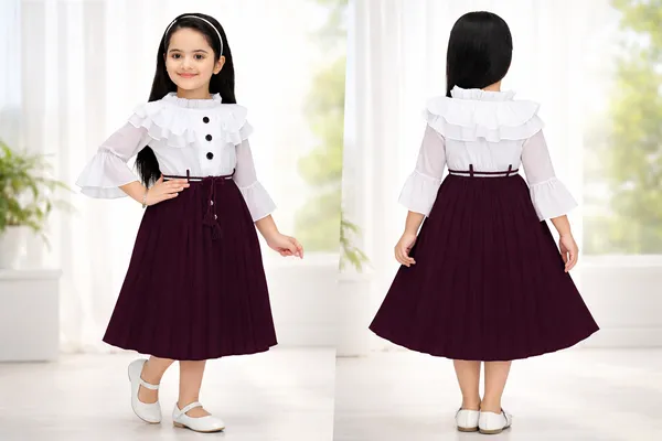 White_Maroon_Cotton_Ruffle_Sleeve_Pleated_Ethnic_Dress_For_Girls