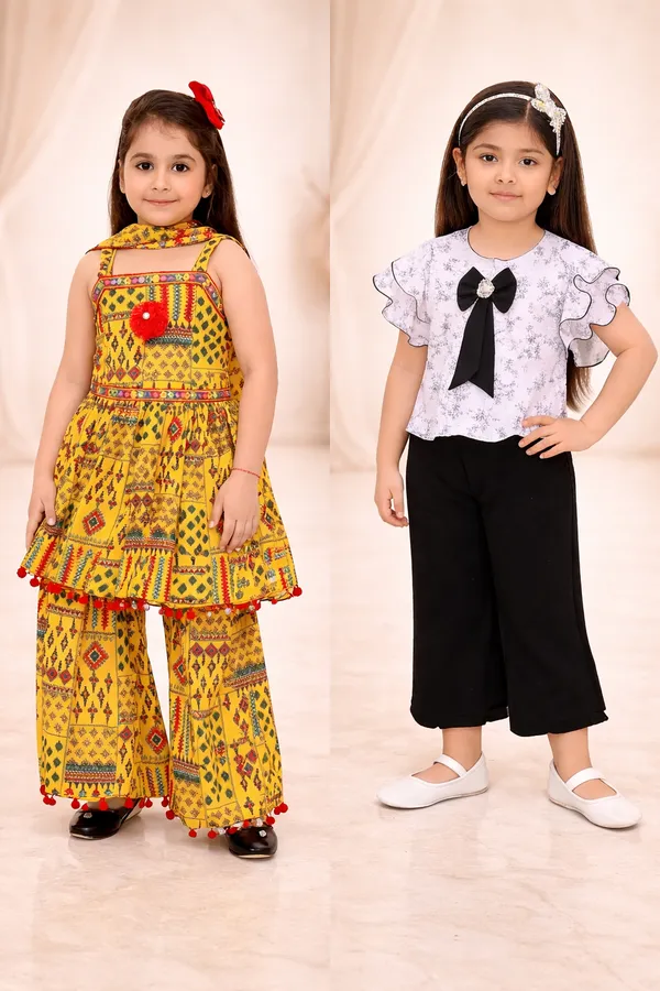 White_Black_Cotton_Floral_Print_Ruffle_Top_Palazzo_Set_For_Girls_And_Yellow_Cotton_Printed_Ethnic_Dress_Palazzo_Set_For_Girls_Combo_Pack_Of_2