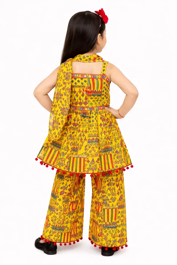 White_Black_Cotton_Floral_Print_Ruffle_Top_Palazzo_Set_For_Girls_And_Yellow_Cotton_Printed_Ethnic_Dress_Palazzo_Set_For_Girls_Combo_Pack_Of_2