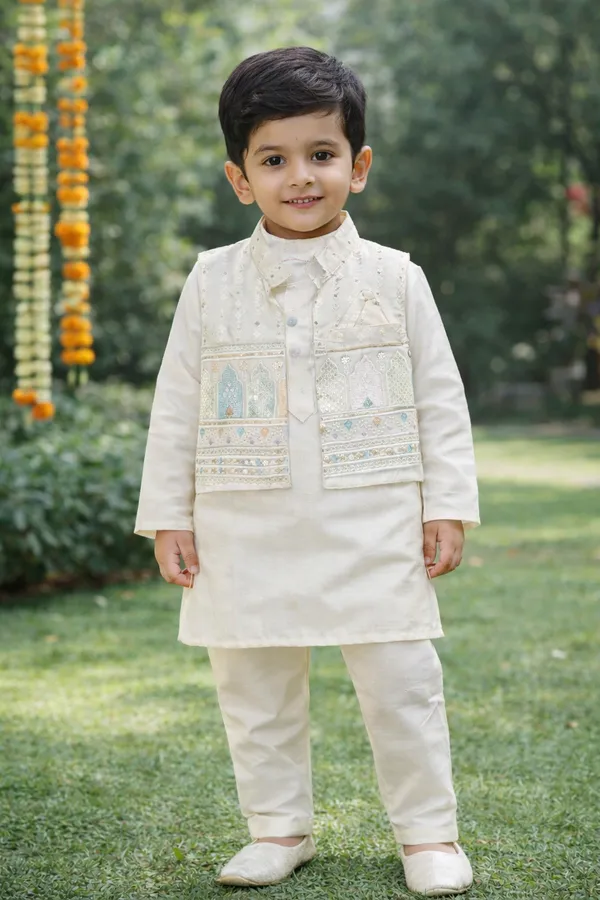 Cream_Cotton_Embroidered_Kurta_Pajama_Jacket_Ethnic_Set_For_Boys_And_Multi_Color_Cotton_Kurta_Pajama_Nehru_Jacket_Ethnic_Set_For_Boys_Combo_Pack_Of_2