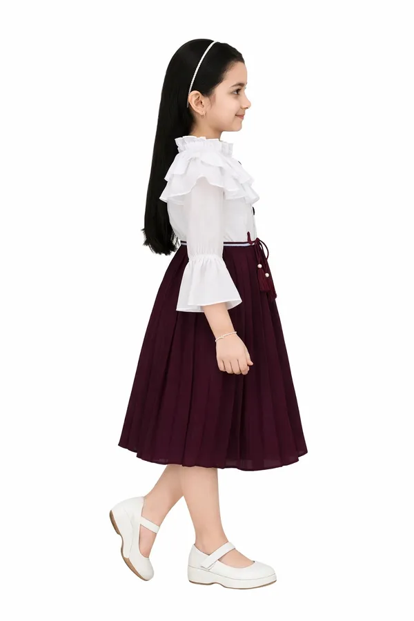 White_Maroon_Cotton_Ruffle_Sleeve_Pleated_Ethnic_Dress_For_Girls