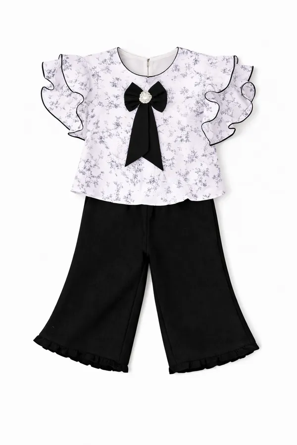 White_Black_Cotton_Floral_Print_Ruffle_Top_Palazzo_Set_For_Girls