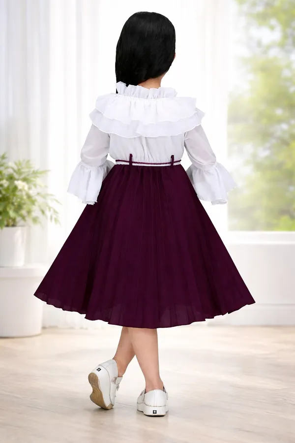 White_Maroon_Cotton_Ruffle_Sleeve_Pleated_Ethnic_Dress_For_Girls