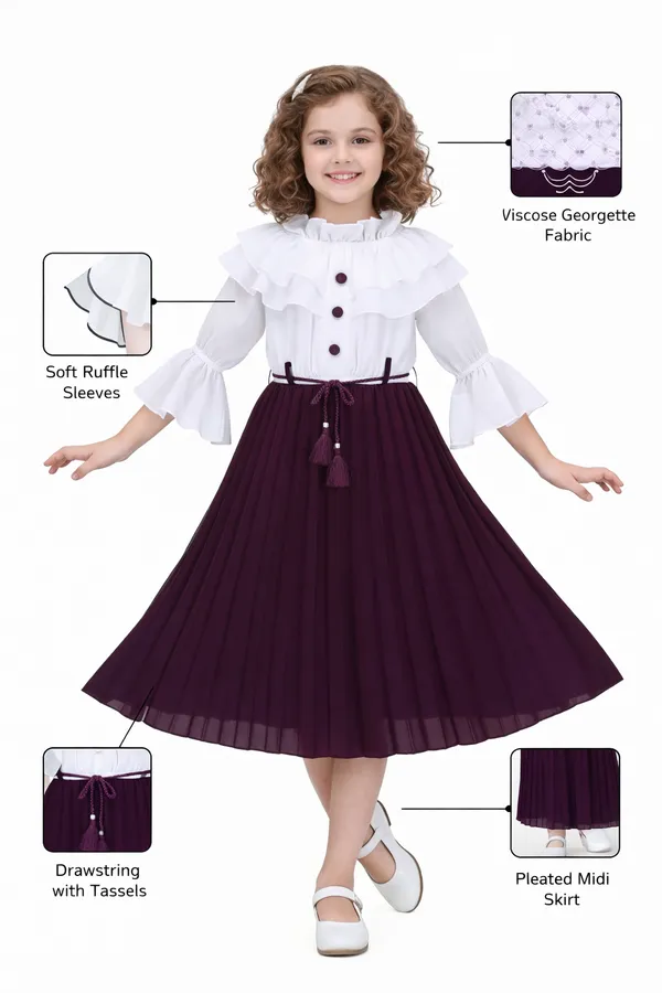 White_Maroon_Cotton_Ruffle_Sleeve_Pleated_Ethnic_Dress_For_Girls