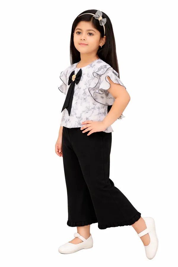 White_Black_Cotton_Floral_Print_Ruffle_Top_Palazzo_Set_For_Girls