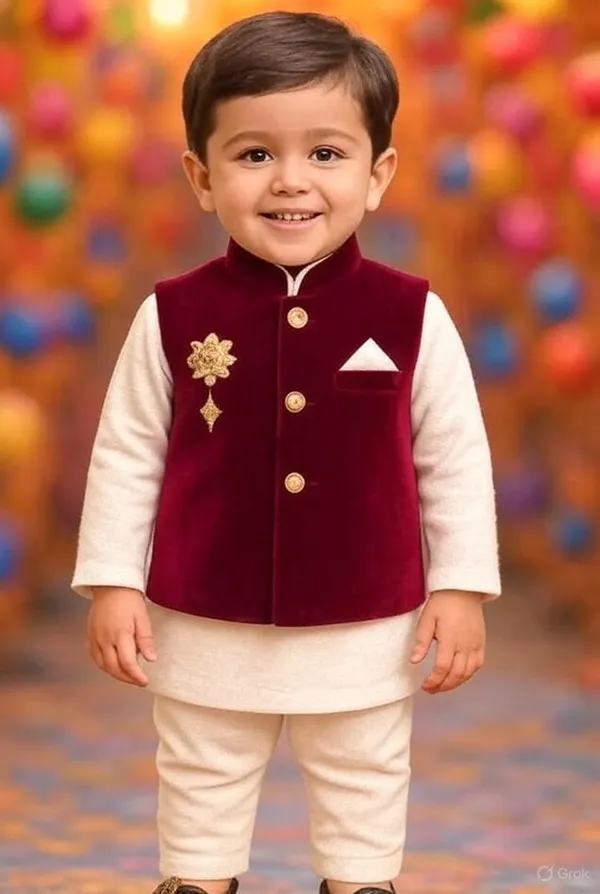 Navy_Blue_Cotton_Embroidered_Kurta_Pajama_Ethnic_Set_For_Boys_And_Maroon_Velvet_Nehru_Jacket_Kurta_Pajama_Ethnic_Set_For_Boys_Combo_Pack_Of_2