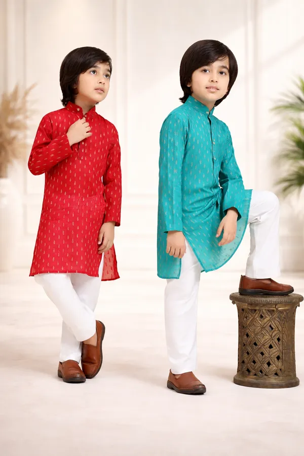 Red_White_Cotton_Printed_Kurta_Churidar_Ethnic_Set_For_Boys_And_Turquoise_Blue_White_Cotton_Ikat_Print_Kurta_Pajama_Set_For_Boys_Combo_Pack_Of_2