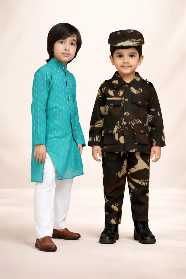 Turquoise_Blue_White_Cotton_Ikat_Print_Kurta_Pajama_Set_For_Boys_And_Camouflage_Cotton_Army_Commando_Costume_Set_With_Cap_Toy_Gun_Whistle_For_Boys_Combo_Pack_Of_2