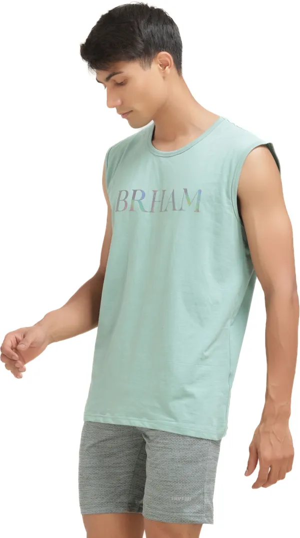 Light_Green_Cotton_Blend_Western_Wear_Sleeveless_Printed_Round_Neck_T_Shirt_For_Men