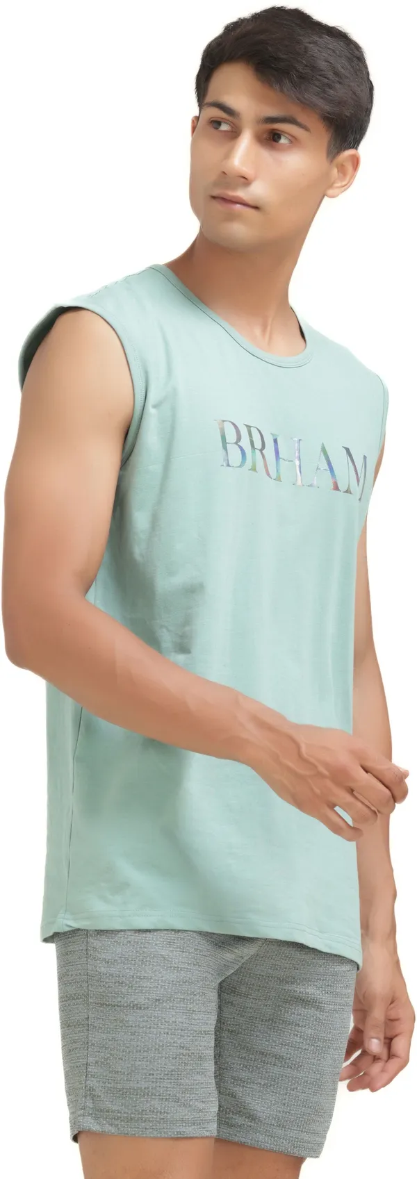 Light_Green_Cotton_Blend_Western_Wear_Sleeveless_Printed_Round_Neck_T_Shirt_For_Men