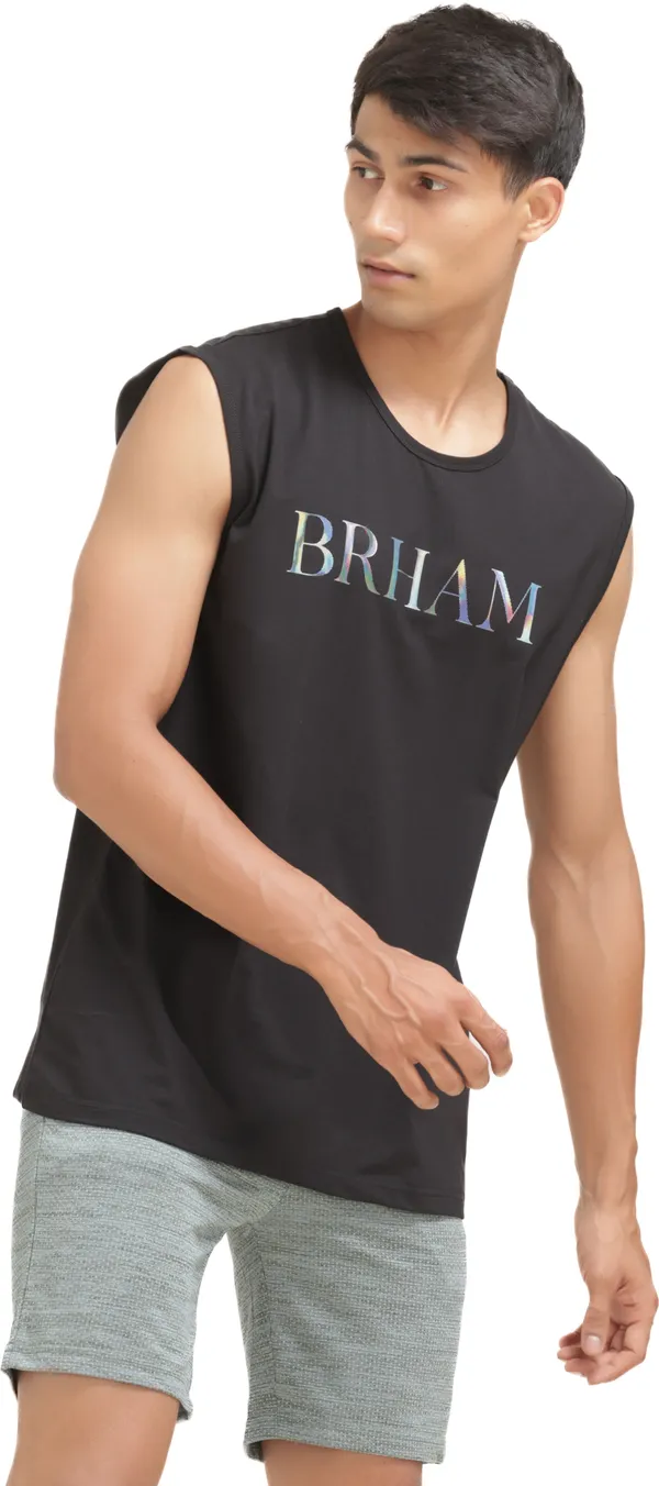Black_Cotton_Blend_Western_Wear_Sleeveless_Printed_Round_Neck_T_Shirt_For_Men