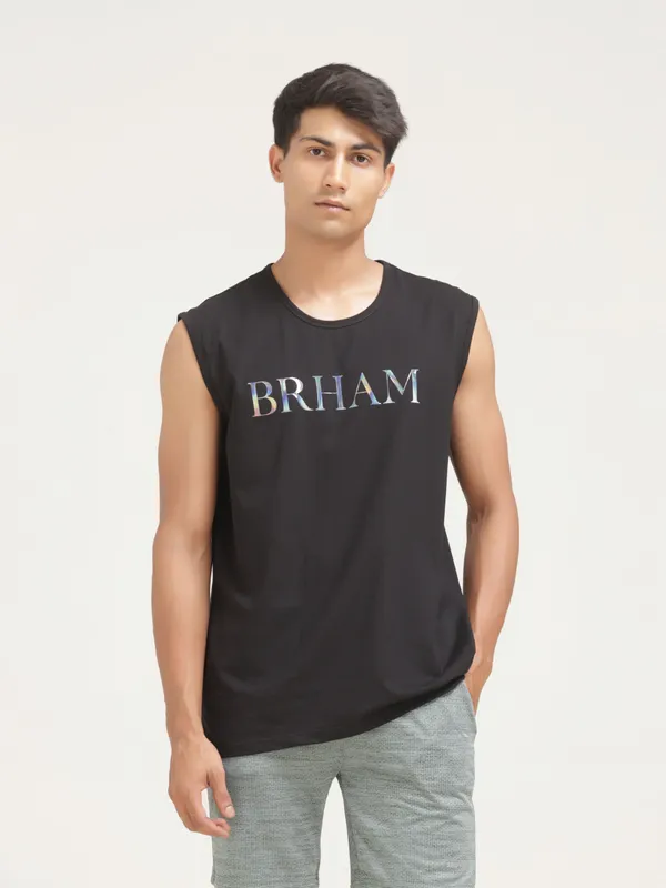 Black_Cotton_Blend_Western_Wear_Sleeveless_Printed_Round_Neck_T_Shirt_For_Men