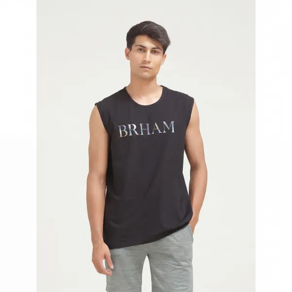 Black_Cotton_Blend_Western_Wear_Sleeveless_Printed_Round_Neck_T_Shirt_For_Men