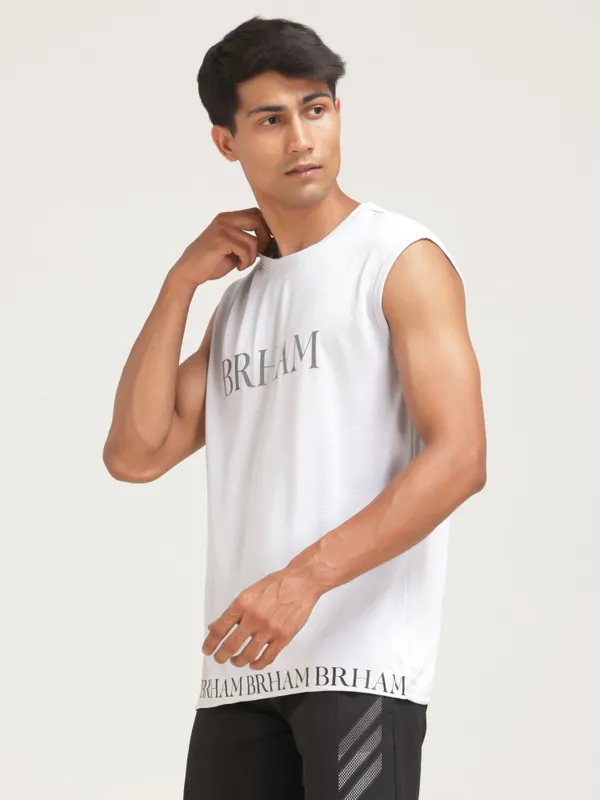 White_Polyester_Western_Wear_Sleeveless_Typography_Round_Neck_T_Shirt_For_Men