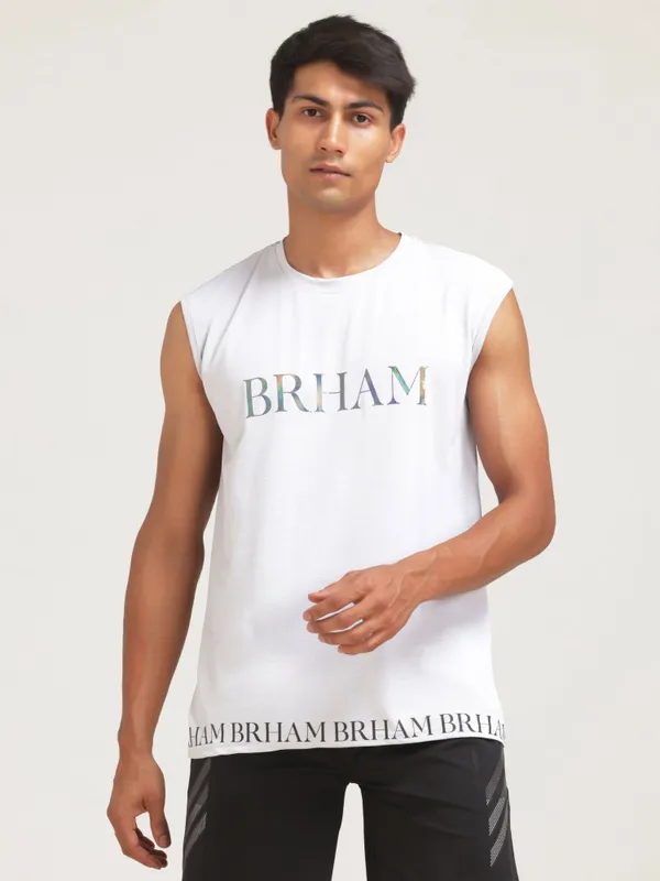 White_Polyester_Western_Wear_Sleeveless_Typography_Round_Neck_T_Shirt_For_Men