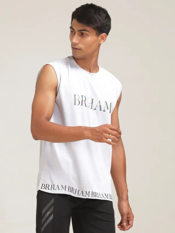 White_Polyester_Western_Wear_Sleeveless_Typography_Round_Neck_T_Shirt_For_Men