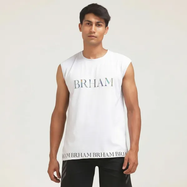 White_Polyester_Western_Wear_Sleeveless_Typography_Round_Neck_T_Shirt_For_Men