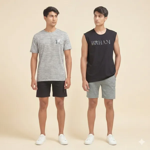 Black_Cotton_Blend_Western_Wear_Sleeveless_Printed_And_Grey_Polyester_Western_Wear_Half_Sleeve_Self_Design_And_Graphic_Print_Round_Neck_T_Shirt_For_Men_Pack_Of_2