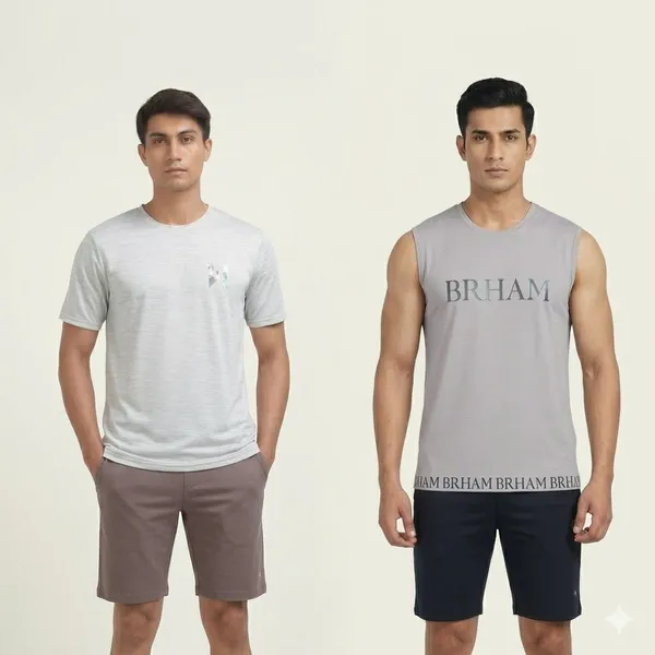 White_Polyester_Western_Wear_Sleeveless_Typography_And_Grey_Polyester_Western_Wear_Short_Sleeve_Solid_Round_Neck_T_Shirt_For_Men_Pack_Of_2