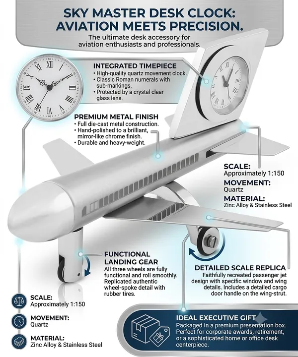 ZAHEPA_Metal_Aeroplane_Miniature_Table_Clock,_Analog_Aircraft_Model_Desk_Timepiece,_Polished_Steel_Decorative_Showpiece_for_Office_Desktop_Decor,_Corporate_Gift_for_Men_&_Professionals_(Silver)