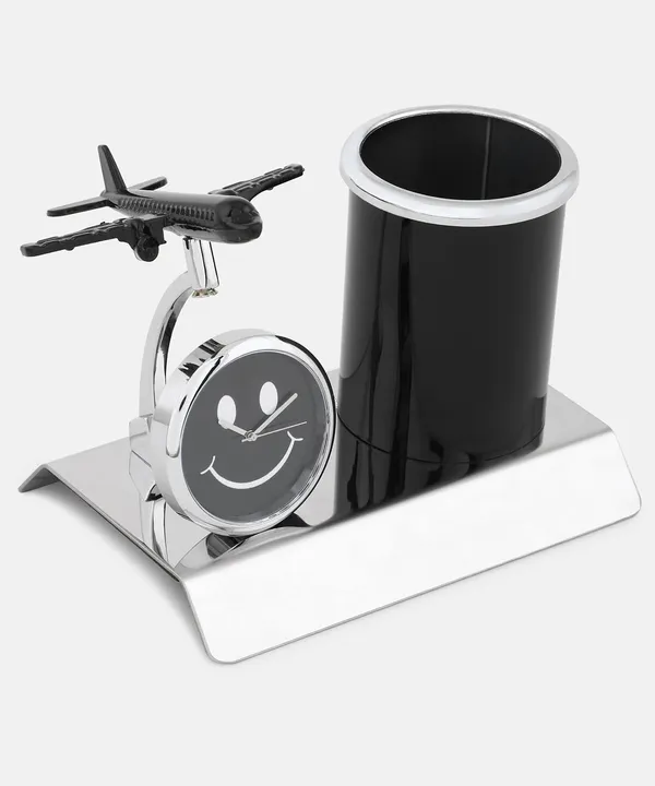 ZAHEPA_Aeroplane_Miniature_Metal_Pen_Stand_with_Analog_Table_Clock,_Desktop_Organizer_Pencil_Holder,_Stylish_Desk_Accessory_for_Office_Table_Decor,_Storage_Box,_Corporate_Gift_for_Men_(Black)