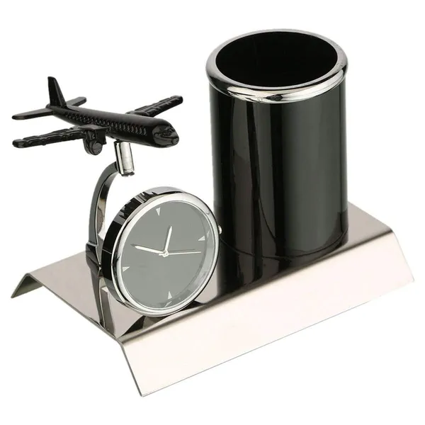 ZAHEPA_Aeroplane_Miniature_Metal_Pen_Stand_with_Analog_Table_Clock,_Desktop_Organizer_Pencil_Holder,_Stylish_Desk_Accessory_for_Office_Table_Decor,_Storage_Box,_Corporate_Gift_for_Men_(Black)