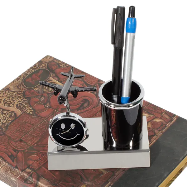 ZAHEPA_Aeroplane_Miniature_Metal_Pen_Stand_with_Analog_Table_Clock,_Desktop_Organizer_Pencil_Holder,_Stylish_Desk_Accessory_for_Office_Table_Decor,_Storage_Box,_Corporate_Gift_for_Men_(Black)