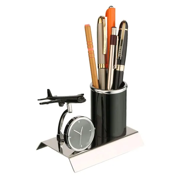 ZAHEPA_Aeroplane_Miniature_Metal_Pen_Stand_with_Analog_Table_Clock,_Desktop_Organizer_Pencil_Holder,_Stylish_Desk_Accessory_for_Office_Table_Decor,_Storage_Box,_Corporate_Gift_for_Men_(Black)