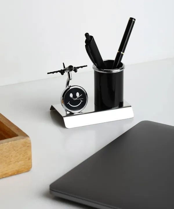 ZAHEPA_Aeroplane_Miniature_Metal_Pen_Stand_with_Analog_Table_Clock,_Desktop_Organizer_Pencil_Holder,_Stylish_Desk_Accessory_for_Office_Table_Decor,_Storage_Box,_Corporate_Gift_for_Men_(Black)