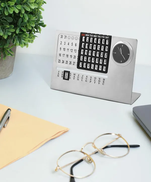 ZAHEPA_Stainless_Steel_Perpetual_Desk_Calendar_with_Table_Clock,_Reusable_Desktop_Calendar_for_Office_&_Home_Decor,_Stylish_Gift_for_Professionals,_Students_&_Corporate_New_Year_Gifting_(Silver-Black)
