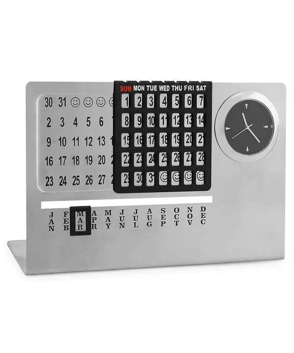 ZAHEPA_Stainless_Steel_Perpetual_Desk_Calendar_with_Table_Clock,_Reusable_Desktop_Calendar_for_Office_&_Home_Decor,_Stylish_Gift_for_Professionals,_Students_&_Corporate_New_Year_Gifting_(Silver-Black)