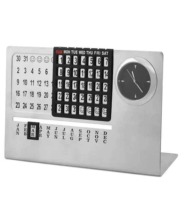 ZAHEPA_Stainless_Steel_Perpetual_Desk_Calendar_with_Table_Clock,_Reusable_Desktop_Calendar_for_Office_&_Home_Decor,_Stylish_Gift_for_Professionals,_Students_&_Corporate_New_Year_Gifting_(Silver-Black)