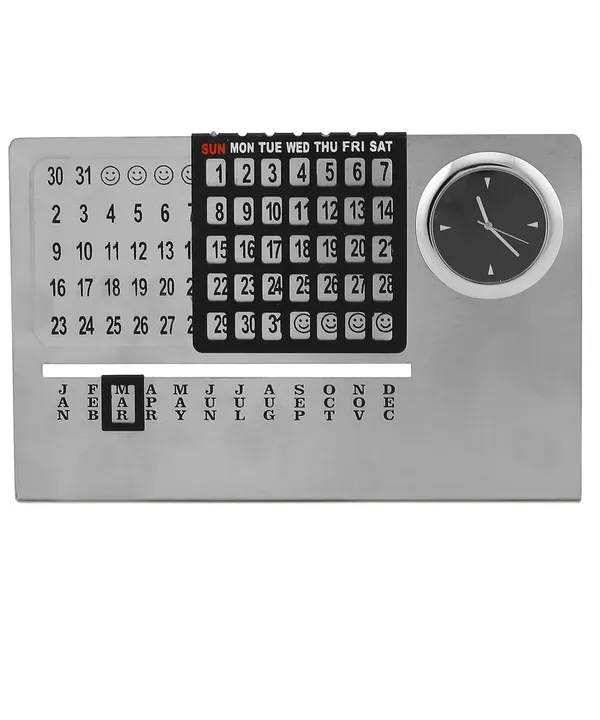 ZAHEPA_Stainless_Steel_Perpetual_Desk_Calendar_with_Table_Clock,_Reusable_Desktop_Calendar_for_Office_&_Home_Decor,_Stylish_Gift_for_Professionals,_Students_&_Corporate_New_Year_Gifting_(Silver-Black)