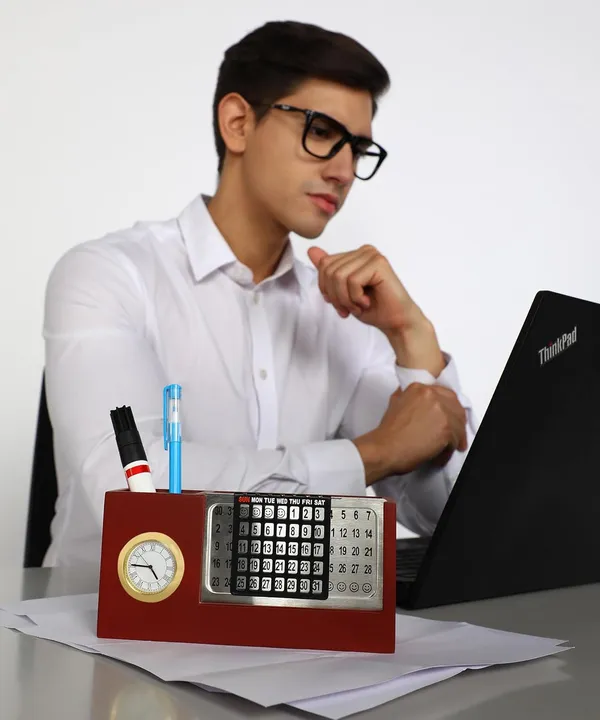 ZAHEPA_Wooden_Desk_Organizer_with_Perpetual_Calendar_&_Clock,_Pen_Stand,_Mobile_Stand,_and_Visiting_Card_Holder_for_Office_Table_&_Home_Use_(Brown)