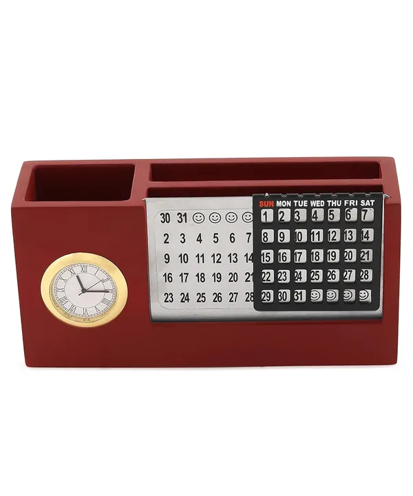 ZAHEPA_Wooden_Desk_Organizer_with_Perpetual_Calendar_&_Clock,_Pen_Stand,_Mobile_Stand,_and_Visiting_Card_Holder_for_Office_Table_&_Home_Use_(Brown)