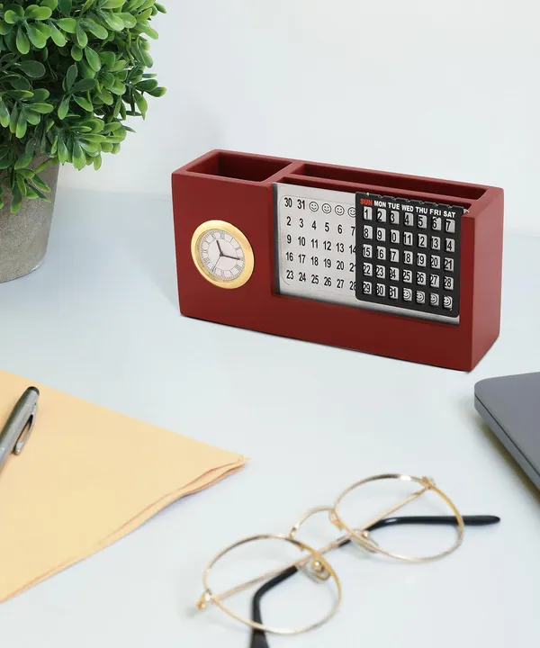 ZAHEPA_Wooden_Desk_Organizer_with_Perpetual_Calendar_&_Clock,_Pen_Stand,_Mobile_Stand,_and_Visiting_Card_Holder_for_Office_Table_&_Home_Use_(Brown)