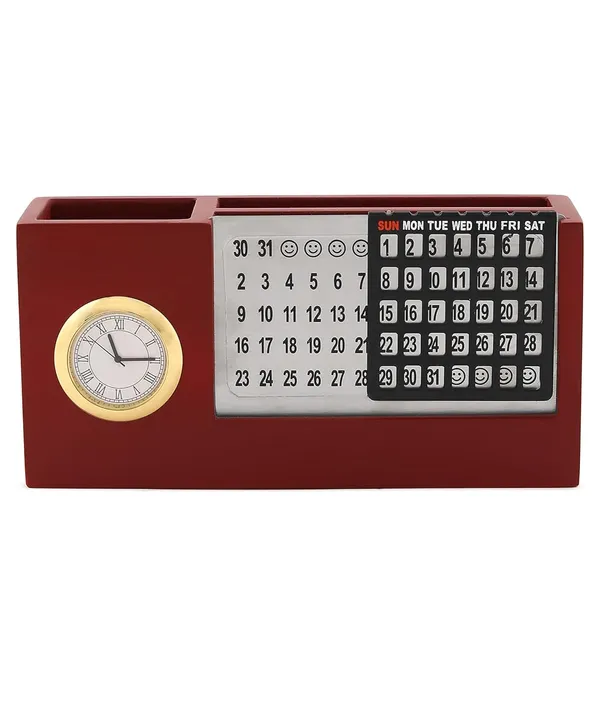 ZAHEPA_Wooden_Desk_Organizer_with_Perpetual_Calendar_&_Clock,_Pen_Stand,_Mobile_Stand,_and_Visiting_Card_Holder_for_Office_Table_&_Home_Use_(Brown)